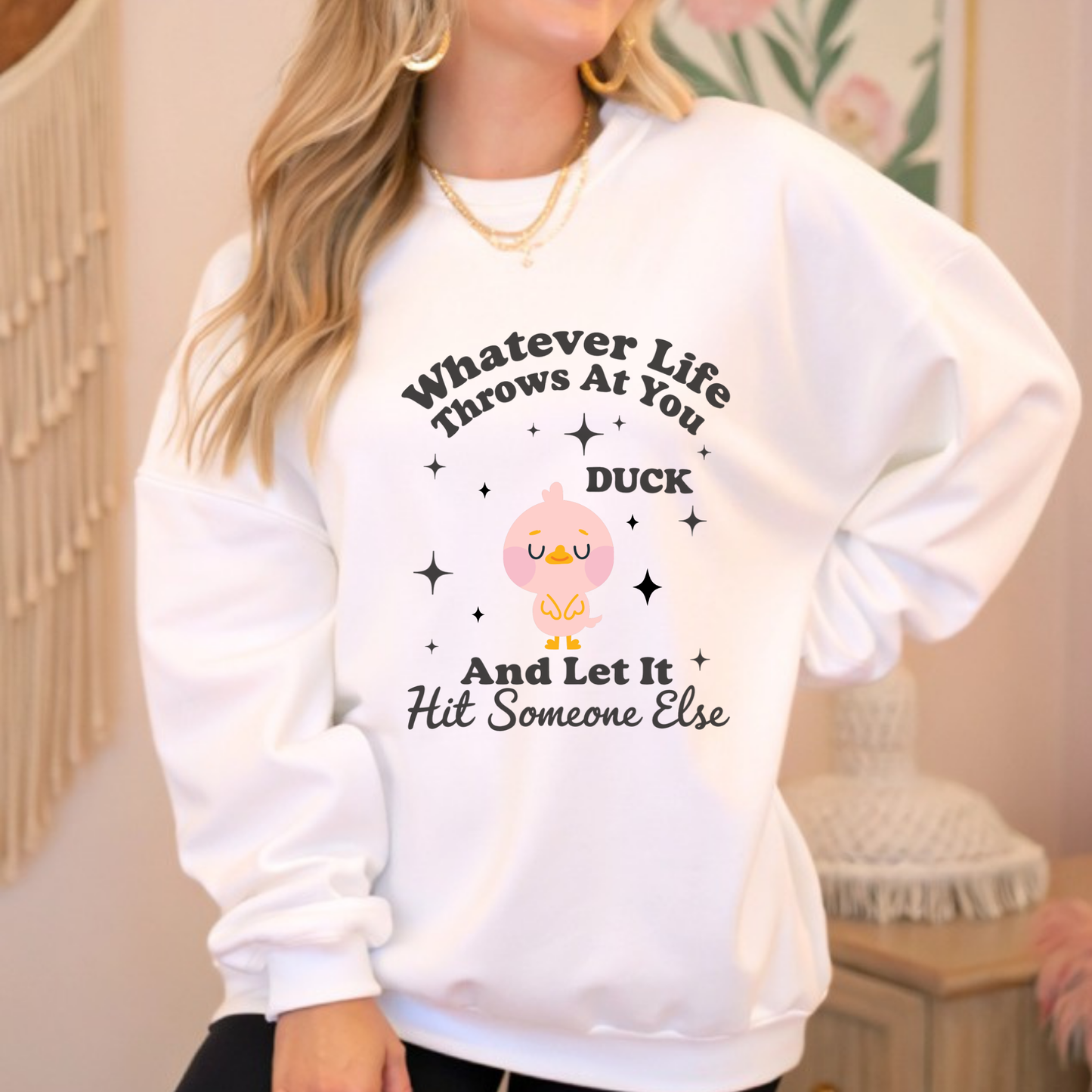 Kawaii Duck Sweatshirt – “When Life Throws Something at You, Duck!” Funny Quote Jumper