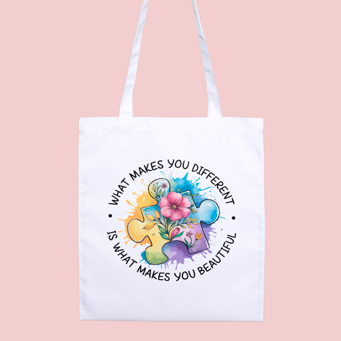 Watercolour design with flower and jigsaw on motivational tote