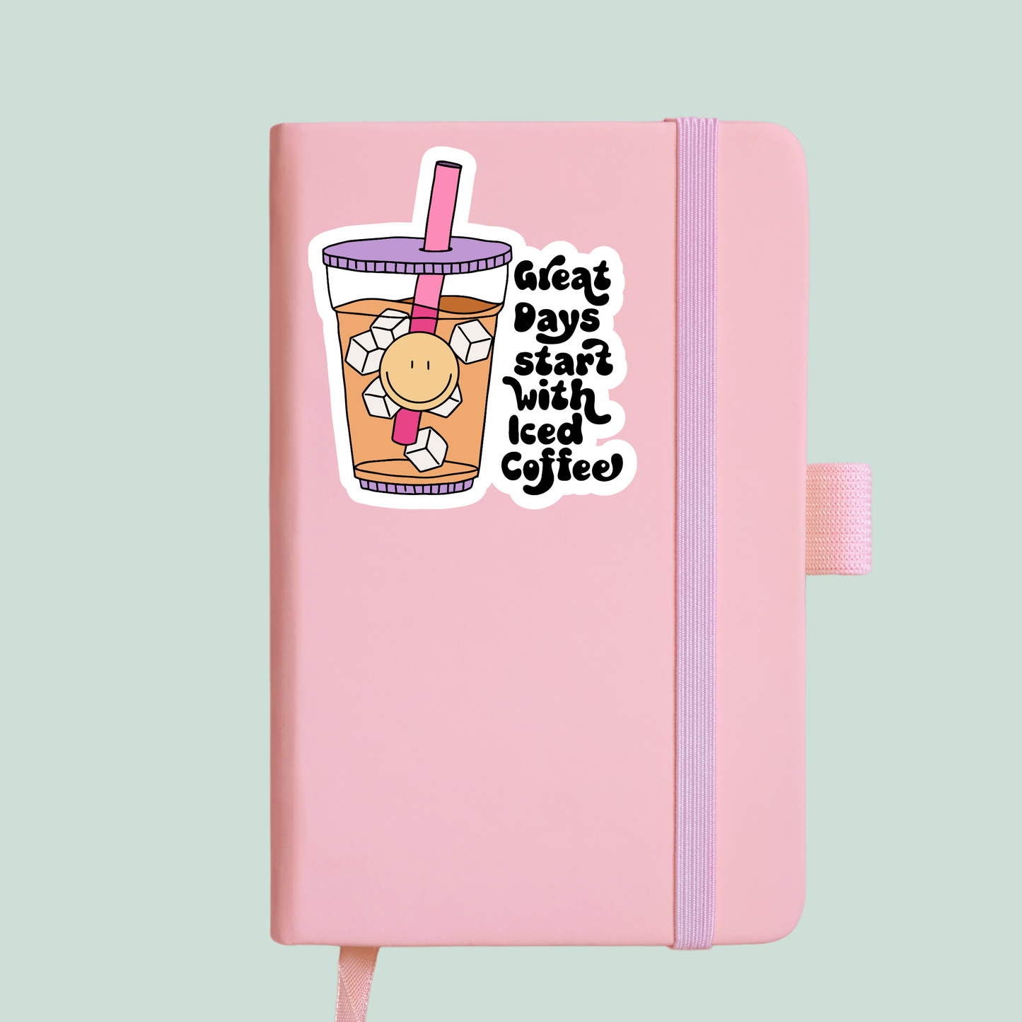 great days start with iced coffee retro coffee cup sticker notebook mockup