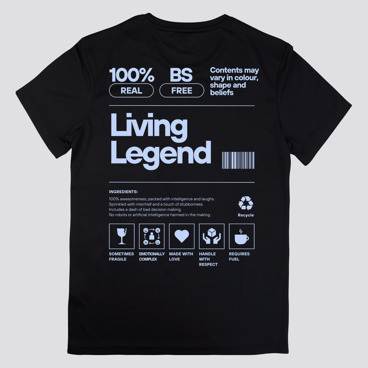 Living Legend T-Shirt – Funny Mens Tee with Barcode Design. Front & Back Print