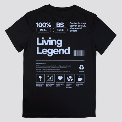 Living Legend T-Shirt – Funny Mens Tee with Barcode Design. Front & Back Print