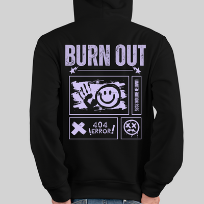Black burnout hoodie with 404 error and smiley glitch design