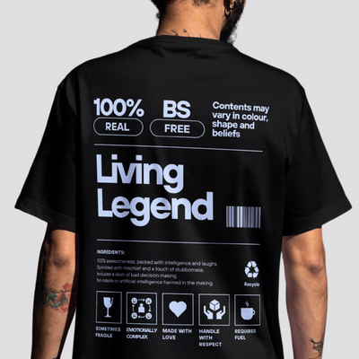Black t-shirt with barcode-style back print saying Living Legend