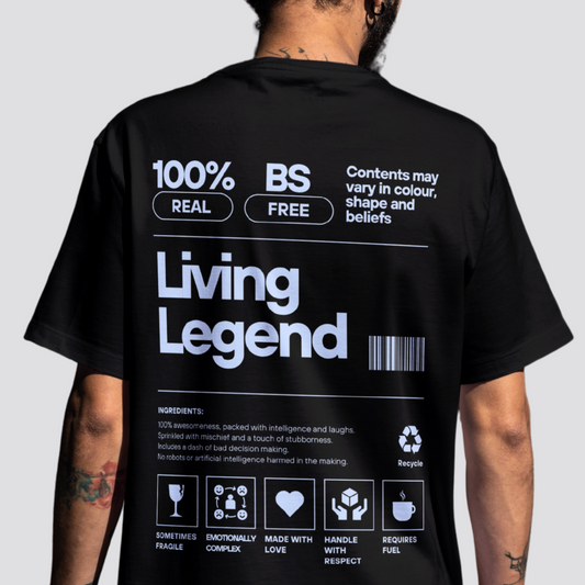 Black t-shirt with barcode-style back print saying Living Legend