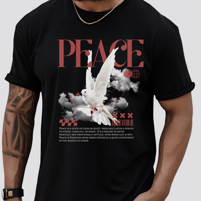 Bold PEACE mental health tee for men in urban style