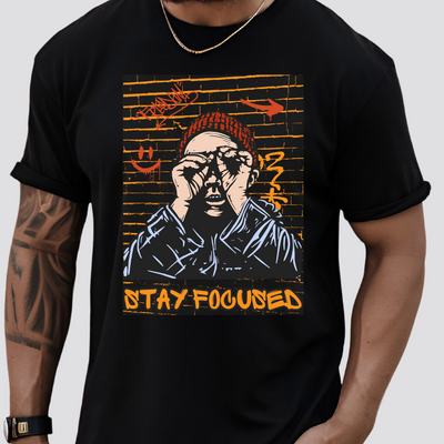 Men’s black t-shirt with graffiti-style street art of man and Stay Focused text
