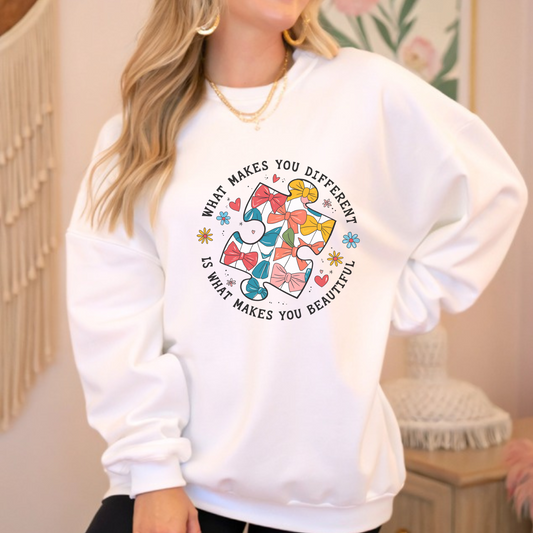 Neurodiversity-friendly sweatshirt with uplifting quote and cute illustration