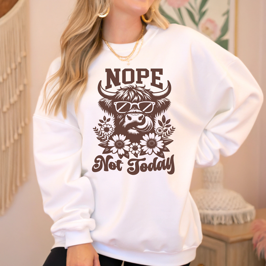 Nope Not Today Funny Highland Cow Retro Mental Health Sweatshirt