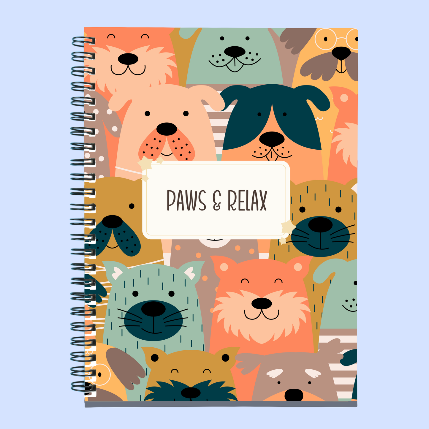 Paws & relax cute quirky colourful notebook for dog lovers mental health support tool