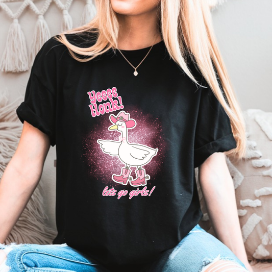 Women’s black quirky cowgirl goose tee with Yee Honk Let's Go Girls text