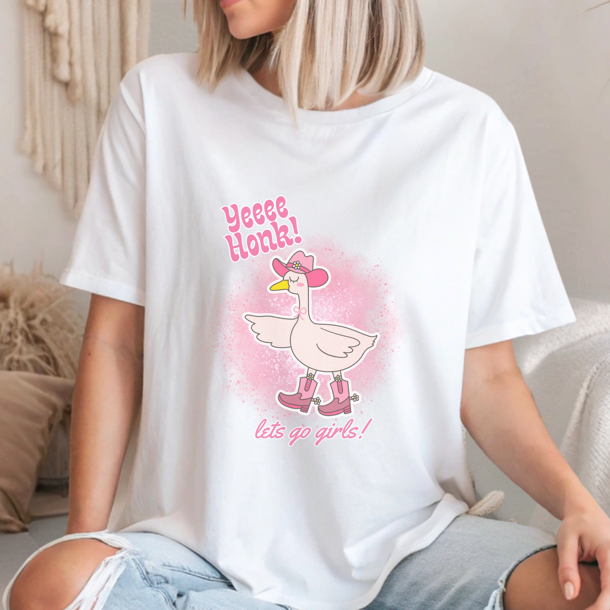 Women’s White quirky cowgirl goose tee with Yee Honk Let's Go Girls text