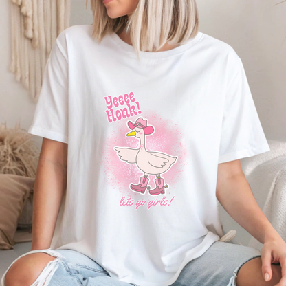 Women’s White quirky cowgirl goose tee with Yee Honk Let's Go Girls text