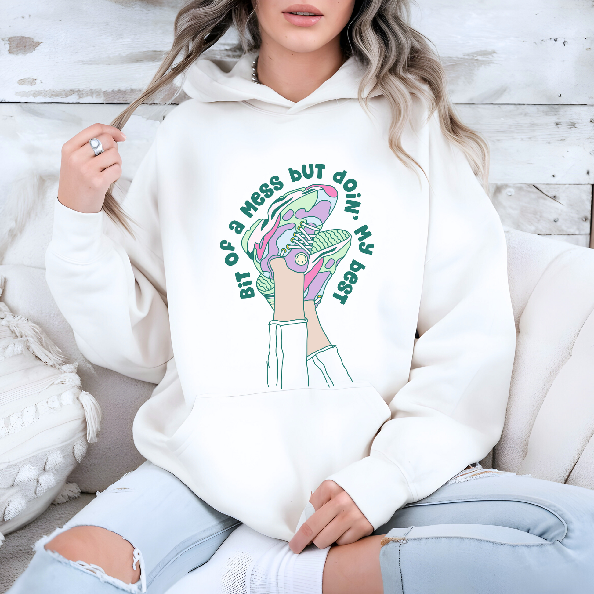 bit of a mess but doin' my best retro 80's sneakers hoodie mental health support