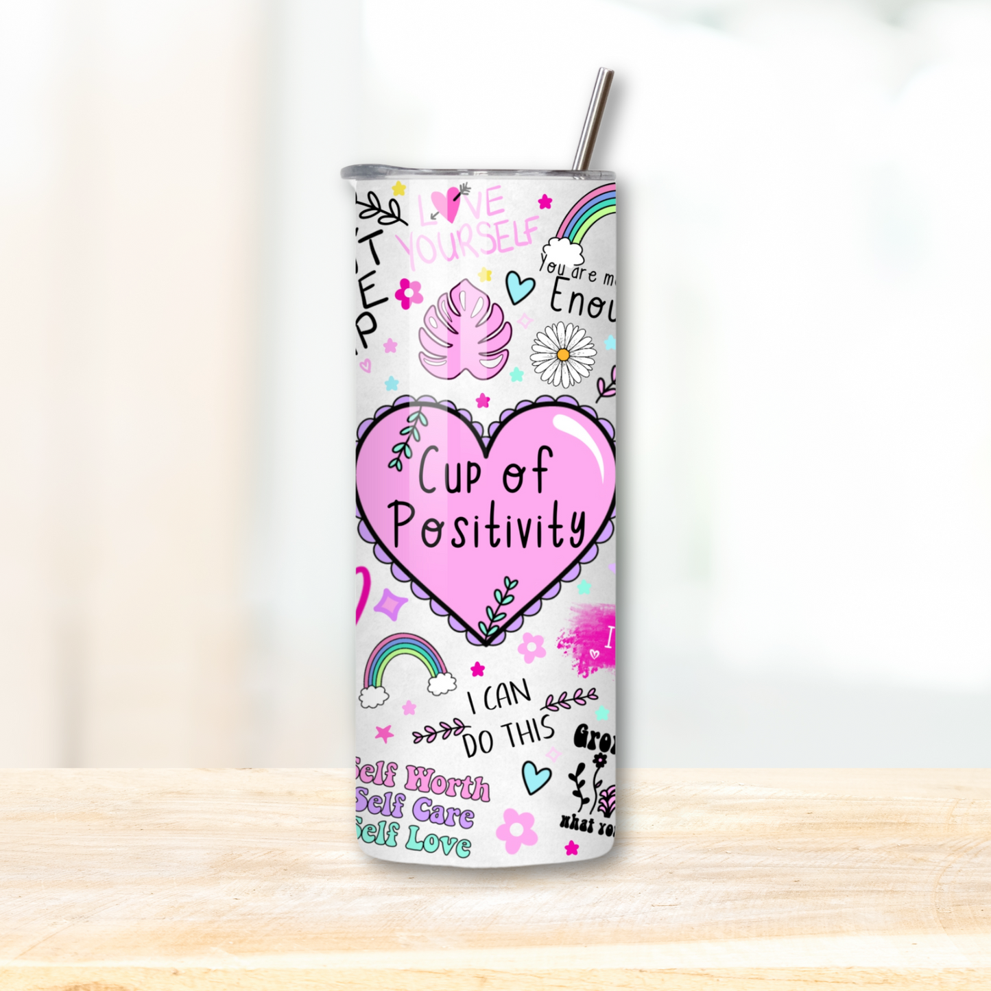 cup of positivity doodle style colourful mental health support 20oz skinny tumbler