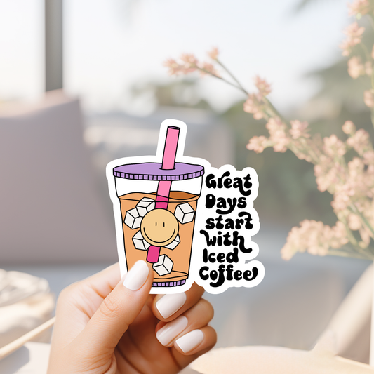 great days start with iced coffee retro coffee cup sticker