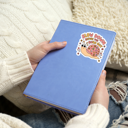 slow down before you burn out cute snail retro mental health sticker notebook mockup